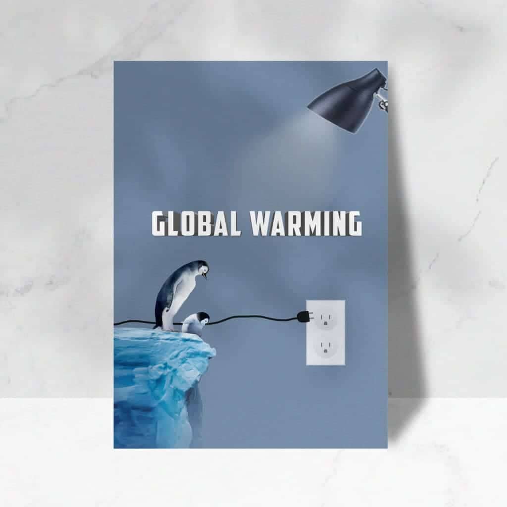 Global warming concept poster with penguin illustration