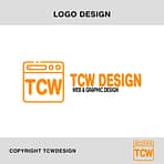 A graphic logo for "TCW Design" in orange, featuring a stylized browser window with "TCW" written inside. Below and to the right, "TCW DESIGN" is in bold orange text with "WEB DESIGN & GRAPHIC DESIGN" in smaller black text underneath. Copyright TCWDesign at the bottom.