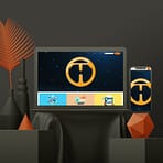 A computer monitor and smartphone display a stylized orange logo resembling a "T" or "H" on a dark background. Both devices rest on a black surface, complemented by minimalist orange and black decorative elements, including vases, geometric shapes, and a leaf. This sleek setup is perfect for showcasing web design concepts.