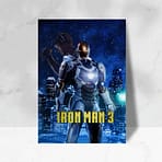 A poster for the movie "Iron Man 3" features Iron Man in his armor against a backdrop of a starry night sky and a city skyline with tall buildings, styled with web design flair. The title "IRON MAN 3" is prominently displayed in yellow letters at the bottom.