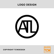 A black circular logo with the letters "ATL" inside. The letters are interconnected with a modern, minimalist design. Below the logo, it says "COPYRIGHT TCWDESIGN." In the bottom right corner, there's an orange icon with the text "TCW," hinting at sophisticated web design.