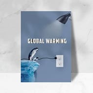 Global warming concept poster with penguin illustration