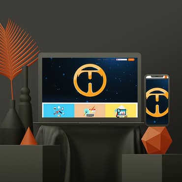 A computer monitor and smartphone display a stylized orange logo resembling a "T" or "H" on a dark background. Both devices rest on a black surface, complemented by minimalist orange and black decorative elements, including vases, geometric shapes, and a leaf. This sleek setup is perfect for showcasing web design concepts.
