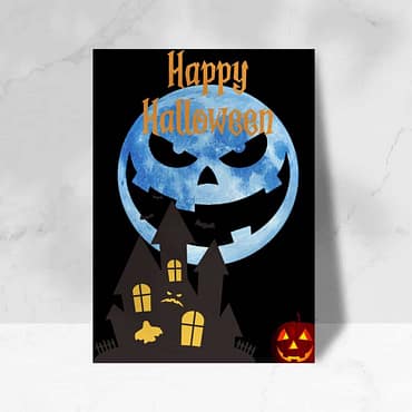 A Halloween-themed card featuring an ominous full moon with a carved smile and eyes, a spooky haunted house with lit windows in the foreground, a ghost and bats flying, and a lit jack-o-lantern beside the house. The text "Happy Halloween" is at the top in vibrant orange letters—perfect for your web design needs.