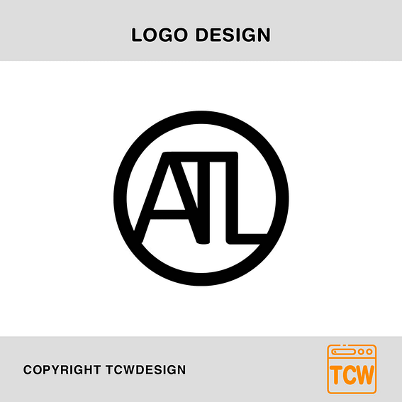 A black circular logo with the letters "ATL" inside. The letters are interconnected with a modern, minimalist design. Below the logo, it says "COPYRIGHT TCWDESIGN." In the bottom right corner, there's an orange icon with the text "TCW," hinting at sophisticated web design.