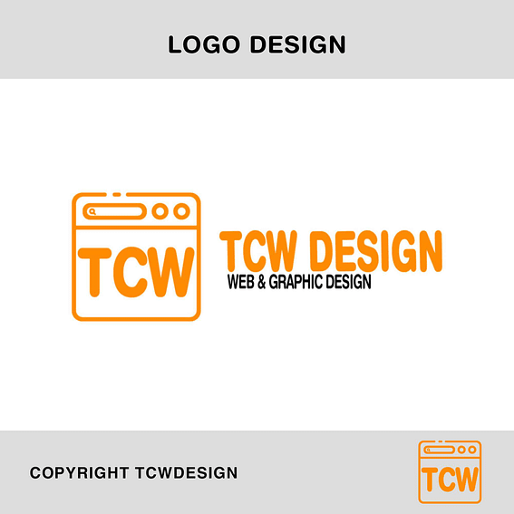 A graphic logo for "TCW Design" in orange, featuring a stylized browser window with "TCW" written inside. Below and to the right, "TCW DESIGN" is in bold orange text with "WEB DESIGN & GRAPHIC DESIGN" in smaller black text underneath. Copyright TCWDesign at the bottom.