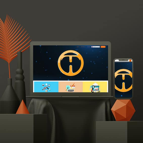A computer monitor and smartphone display a stylized orange logo resembling a "T" or "H" on a dark background. Both devices rest on a black surface, complemented by minimalist orange and black decorative elements, including vases, geometric shapes, and a leaf. This sleek setup is perfect for showcasing web design concepts.