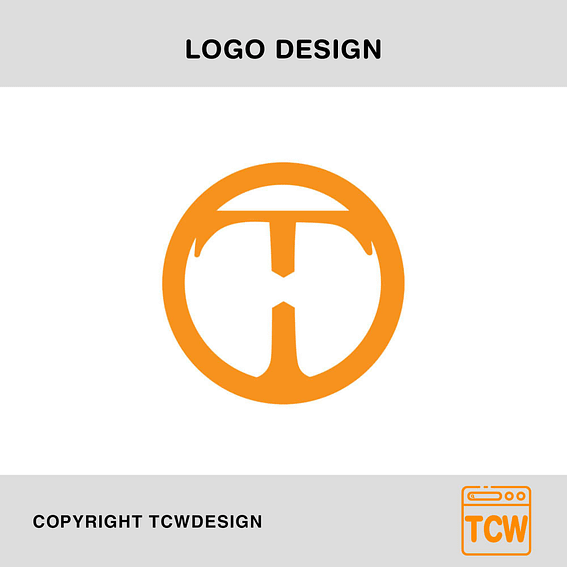 A logo design image featuring an abstract orange symbol resembling a combination of a letter "T" and a circle. The background is white, framed by a gray border with the text "LOGO DESIGN" at the top and "COPYRIGHT TCWDESIGN" at the bottom, perfect for web design projects.