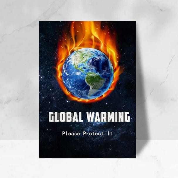 Global warming poster with Earth on fire text