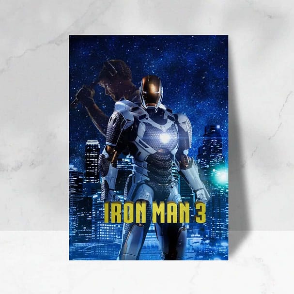 A poster for the movie "Iron Man 3" features Iron Man in his armor against a backdrop of a starry night sky and a city skyline with tall buildings, styled with web design flair. The title "IRON MAN 3" is prominently displayed in yellow letters at the bottom.