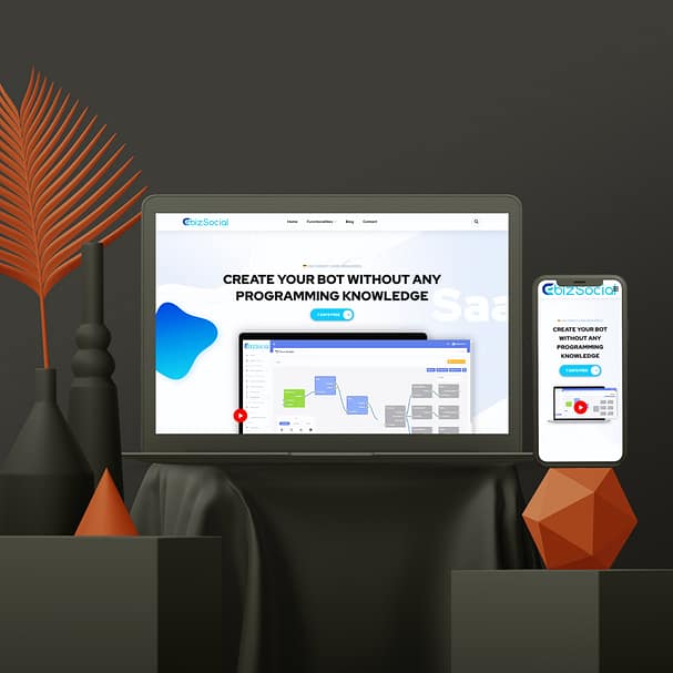 A laptop and a smartphone display a website for creating bots without programming knowledge. Elements around include geometric shapes, vases, and an orange leaf for decoration. The clean, modern web design features dominant blue and white colors.